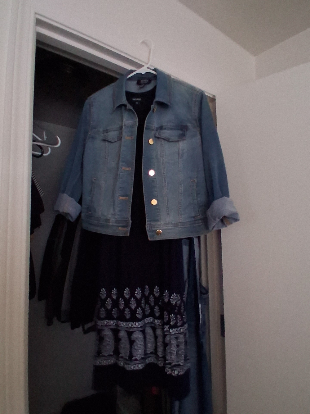 Women's Navy Patterned Skirt with Light Blue Denim Jacket